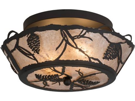 Meyda Whispering Pines 2-Light Bronze Glass Bowl Flush Mount