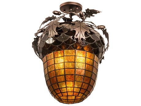 Meyda Oak Leaf & Acorn 2 1 Bronze Glass Tiffany Bell Flush Mount