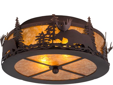 Meyda Moose At Dusk 2-Light Bronze Glass Drum Flush Mount