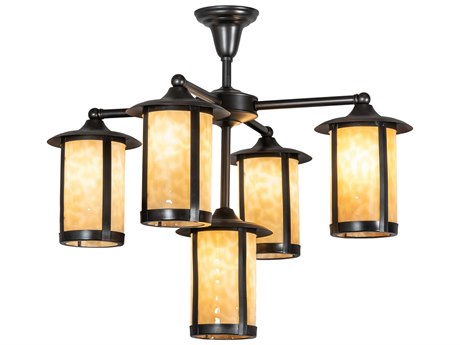 Meyda Fulton 5-Light Craftsman Brown Off White Glass Cylinder Lantern Chandelier