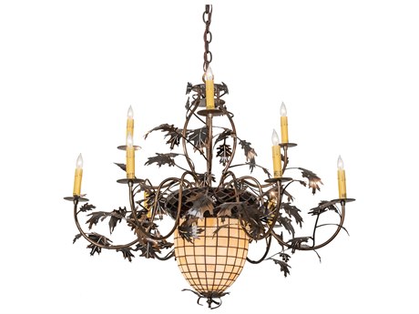 Meyda Greenbriar Oak 11-Light Antique Copper Brown Glass Bell Candelabra Chandelier