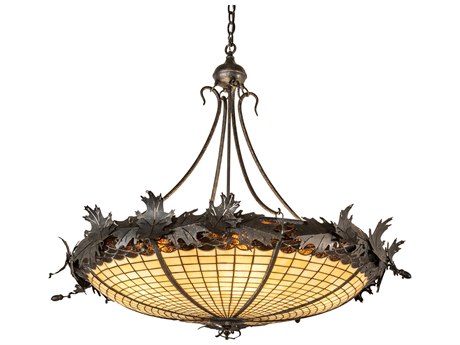 Meyda Greenbriar Oak 6-Light Weathered Bronze Brown Glass Tiffany Bowl Pendant