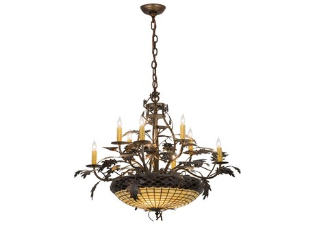 Meyda Greenbriar Oak 11-Light Brown Glass Tiffany Bowl Candelabra Chandelier