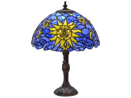 Meyda Sun Moon & Stars Blue Brown Tiffany Table Lamp