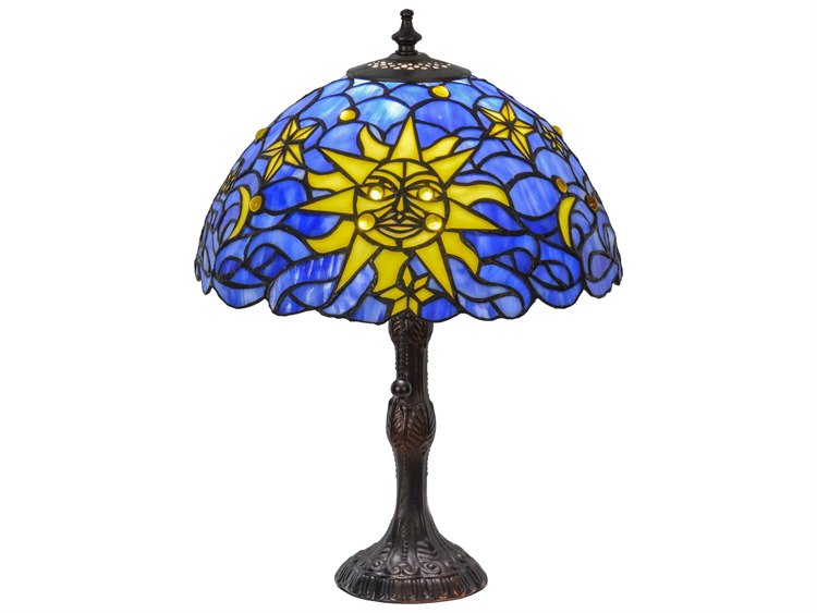 Meyda Sun Moon & Stars Blue Brown Tiffany Table Lamp