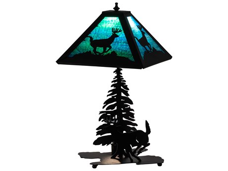 Meyda Lone Deer Rustic Lodge Textured Black Table Lamp with Blue Green Water Glass Shade