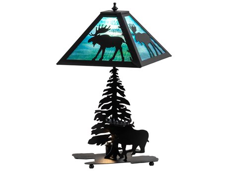 Meyda Lone Moose Rustic Lodge Textured Black Table Lamp with Blue Green Water Glass Shade