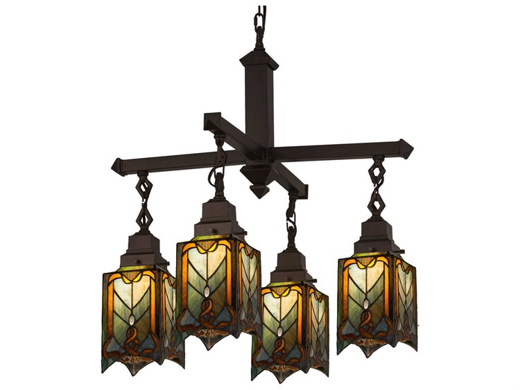 Meyda Mission 4-Light Bronze Tiffany Geometric Lantern Chandelier