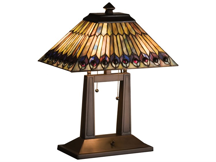 Meyda Tiffany Jeweled Peacock Oblong Bronze Table Lamp