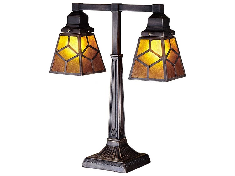 Meyda Amber Mica Diamond Mission 2 Arm Yellow Bronze Glass Table Lamp