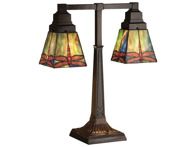 Meyda Prairie Dragonfly 2 Arm Bronze Tiffany Table Lamp