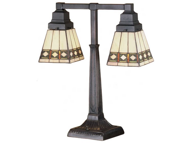 Meyda Diamond Mission 2 Arm Bisque Beige Bronze Tiffany Table Lamp