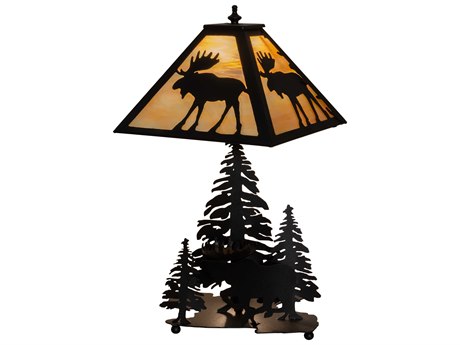 Meyda Moose On The Loose Glass Rustic Lodge Black Beige Off White Table Lamp