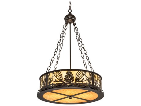 Meyda Mountain Pine 4-Light Timeless Bronze Off White Glass Drum Pendant