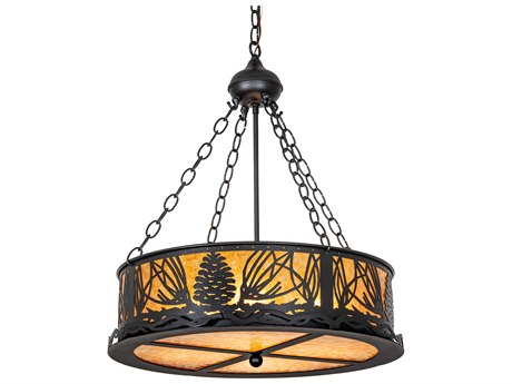 Meyda Mountain Pine 4-Light Black Beige Amber Mica Brown Glass Drum Pendant