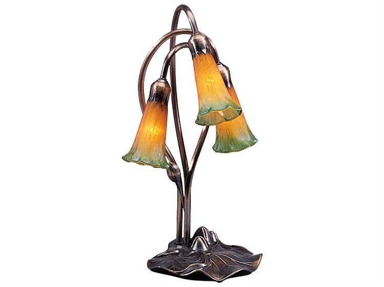 Meyda Pond Lily Amber & Green Accent Bronze Tiffany Table Lamp