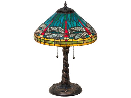 Meyda Dragonfly with Twisted Fly Mosaic Base Bronze Tiffany Table Lamp