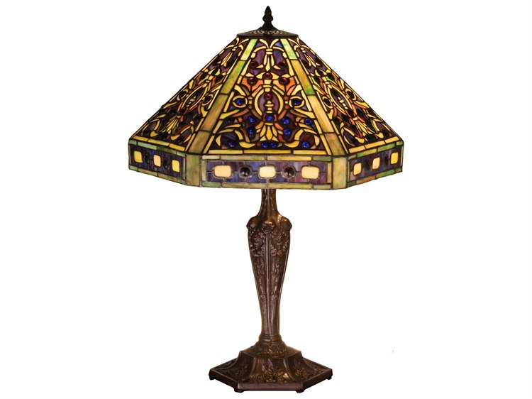 Meyda Elizabethan Moss Green & Cobalt Blue Bronze Tiffany Table Lamp