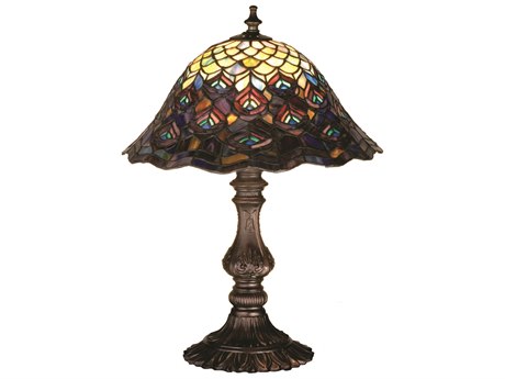 Meyda Peacock Feather Accent Bronze Tiffany Table Lamp