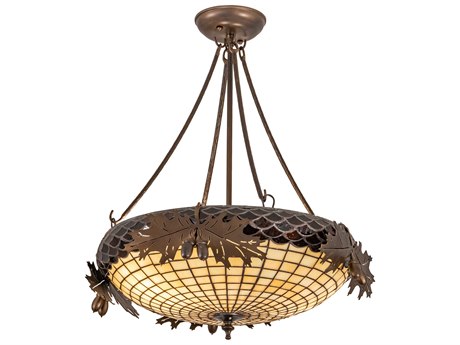 Meyda Oak Leaf & Acorn 2-Light Antique Copper Brown Glass Bowl Pendant