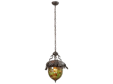 Meyda Oak Leaf & Acorn 1-Light Oil Rubbed Bronze Brown Glass Tiffany Bell Pendant