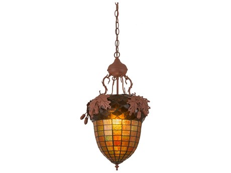 Meyda Oak Leaf & Acorn 1-Light Brown Glass Tiffany Bell Pendant
