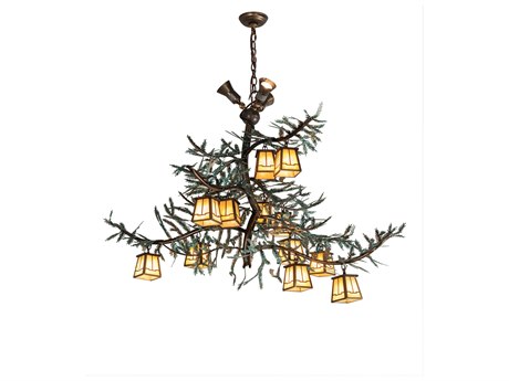 Meyda Pine Branch 12 3-Light Antique Copper Green Glass Lantern Island Pendant