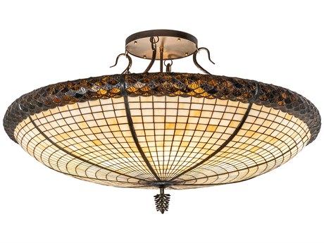 Meyda Pinecone 6-Light Antique Copper Glass Tiffany Bowl Semi Flush Mount