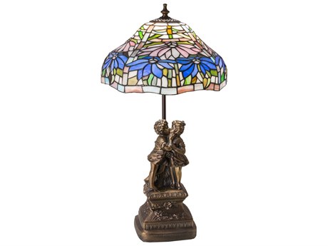 Meyda Poinsettia Glass Tiffany Mahogany Bronze Blue Table Lamp