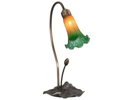 Meyda Pond Lily Glass Mahogany Bronze Orange Table Lamp with Amber Green Shade