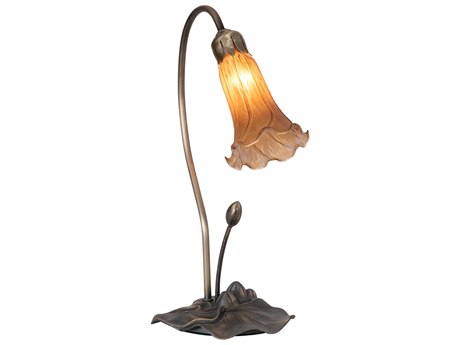 Meyda Pond Lily Glass Mahogany Bronze Orange Table Lamp with Amber Shade