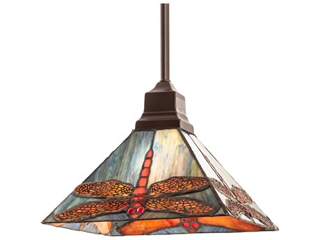Meyda Prairie 1-Light Ruby Blue Beige White Bronze Glass Tiffany Pendant
