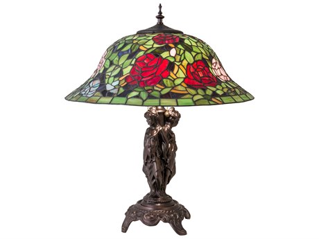 Meyda Rosebush Glass Tiffany Mahogany Bronze Green Table Lamp