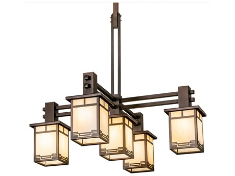 Meyda Roylance 5-Light Mahogany Bronze Off White Glass Geometric Lantern Chandelier
