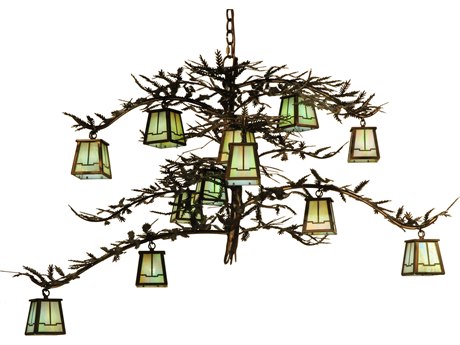 Meyda Pine Branch Valley View 12-Light Green Glass Lantern Tiered Chandelier