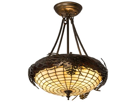 Meyda Greenbriar Oak 13" 3-Light Bronze Glass Tiffany Semi Flush Mount