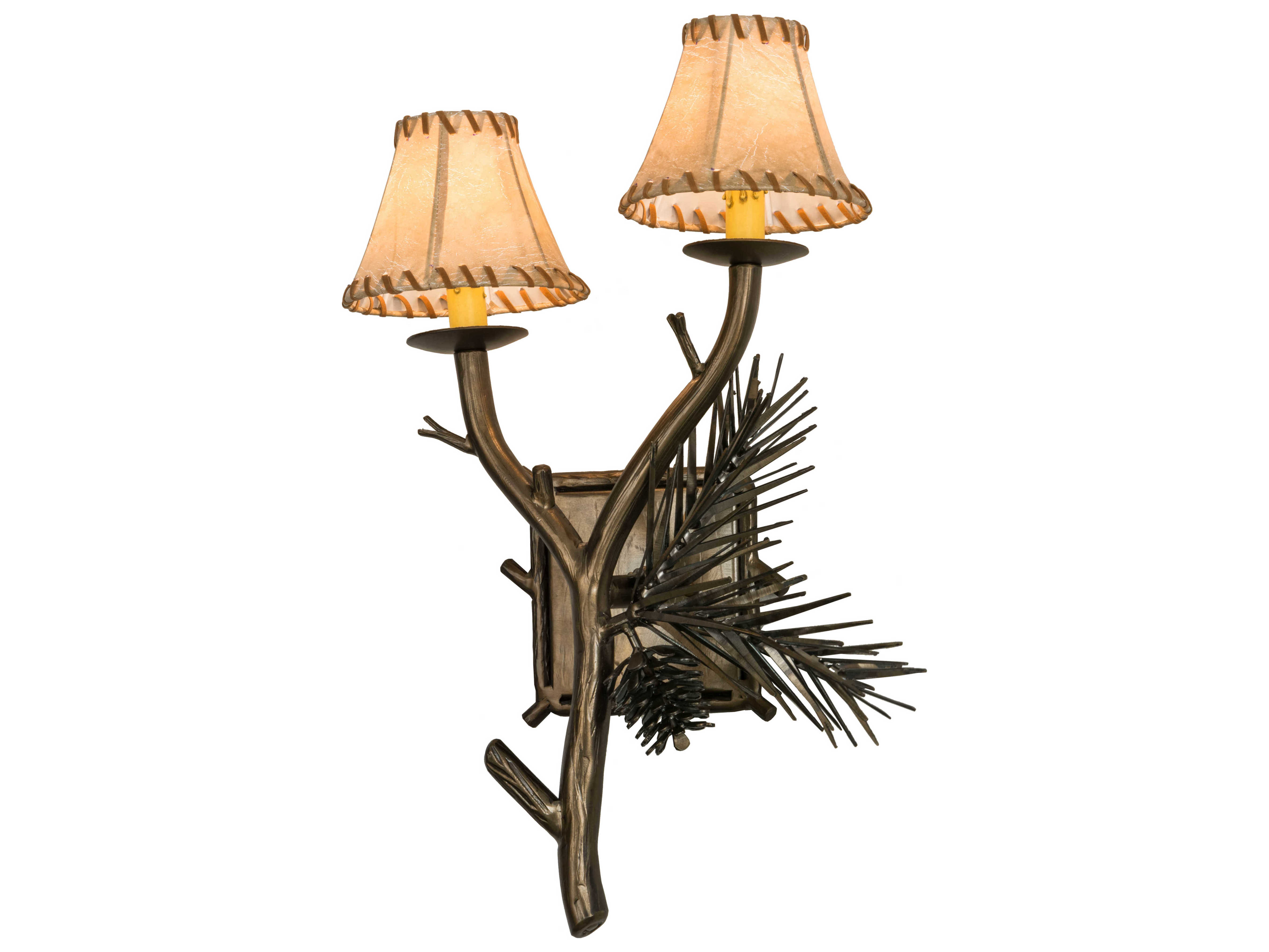 Rustic Wall Sconce Vanity Lamp 2-Light Pinecone & Branch Motif Amber Glass Shade 