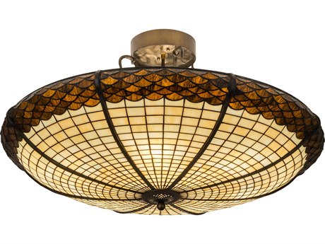 Meyda Greenbriar Oak 6-Light Brown Glass Tiffany Bowl Semi Flush Mount