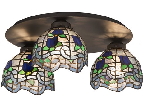 Meyda Roseborder 3-Light Bronze Glass Tiffany Bowl Semi Flush Mount