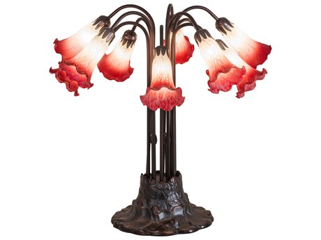 Meyda Pond Lily Mahogany Bronze 10 - Light Table Lamp with Pink White Glass Shade