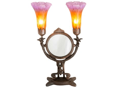 Meyda Pond Lily Brown Table Lamp with Amber Purple Glass Shade and Mirror