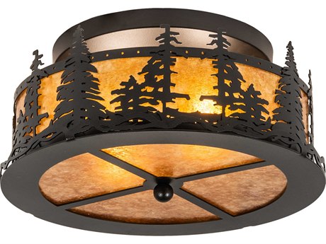 Meyda Tall Pines 2-Light Black Amber Mica Brown Drum Flush Mount