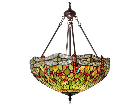 Meyda Tiffany Hanginghead Dragonfly 3-Light Mahogany Bronze Glass Dome Pendant