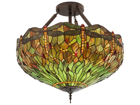 Meyda Tiffany Hanginghead Dragonfly 5-Light Mahogany Bronze Brown Glass Dome Pendant