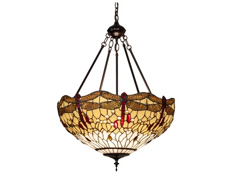 Meyda Tiffany Hanginghead Dragonfly 3-Light Mahogany Bronze Glass Dome Pendant