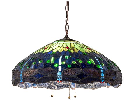 Meyda Tiffany Hanginghead Dragonfly 3-Light Mahogany Bronze Glass Dome Geometric Pendant