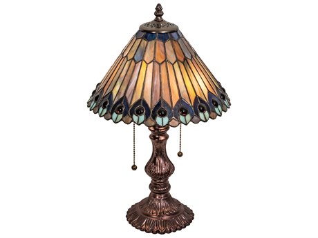 Meyda Tiffany Jeweled Peacock Glass Mahogany Bronze Blue Table Lamp