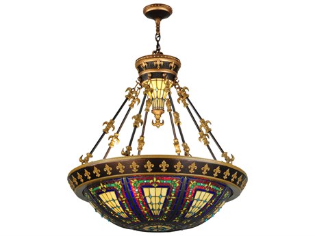 Meyda Fleur-de-lis 28" 3-Light Gold Tiffany Bowl Pendant