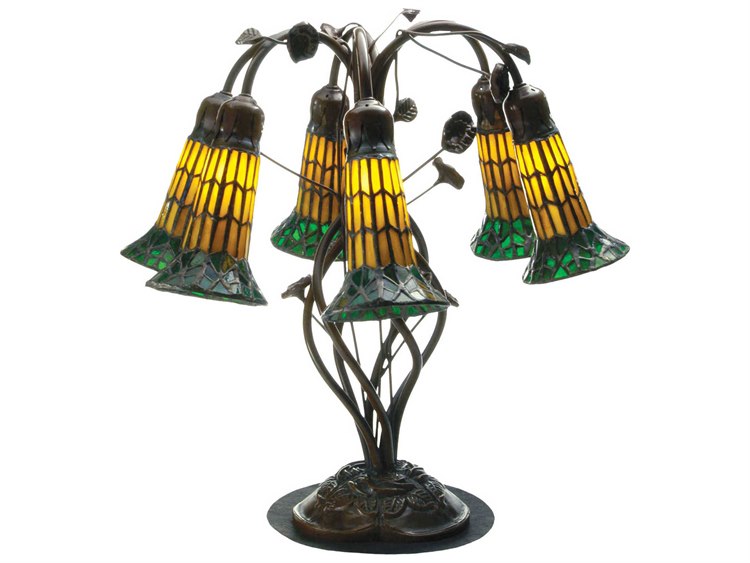 Meyda Tiffany Pond Lily Amber & Green Bronze Glass Table Lamp