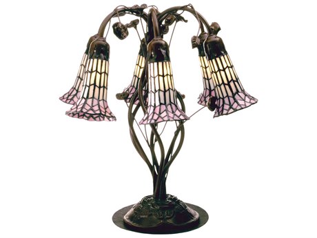 Meyda Tiffany Pond Lily White & Pink Green Glass Table Lamp